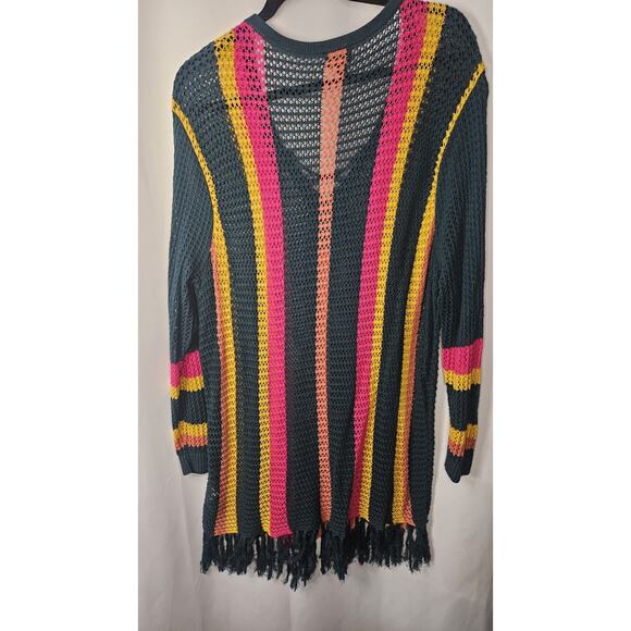 Torrid Striped Open Stitch Pullover Fringe Hem Sweater 1X Kangaroo Pocket Boho - Picture 4 of 7